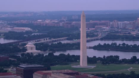 Aerial-view-of-the-Washington-Monument,-Jefferson-Memorial-and-Potomac-River.