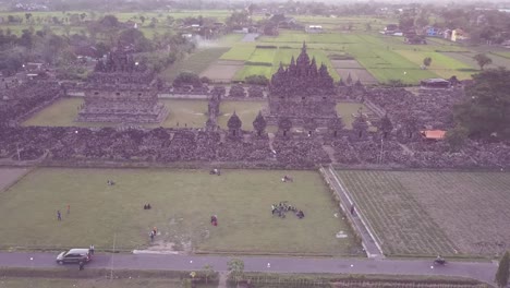 Plaosan-temple-aerial-view,-Buddhist-temples-located-in-Bugisan-village,-Yogyakarta,-Indonesia