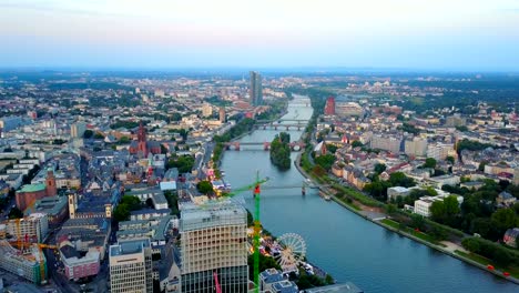 aerial-view-of--Frankfurt-city-with-river-and-skyscrapers-during-sunrise