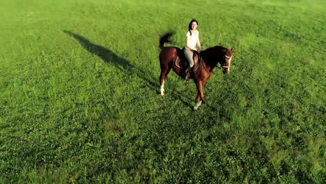 A-smiling-young-woman-sits-and-rides-a-brown-horse,-orbital-shot,-slow-motion
