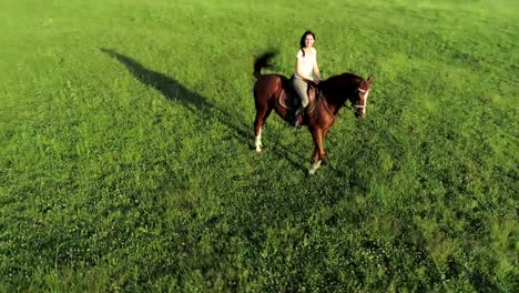 Una-sonriente-mujer-joven-se-sienta-y-monta-un-caballo-marrón,-disparo-orbital,-cámara-lenta