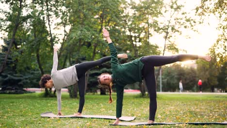 Hermosas-señoritas-están-parado-en-pose-de-media-luna-Ardha-Chandrasana-durante-la-clase-de-yoga-de-par-en-park.-Estilo-de-vida-saludable,-la-enseñanza-y-concepto-de-aprendizaje-y-el-deporte.