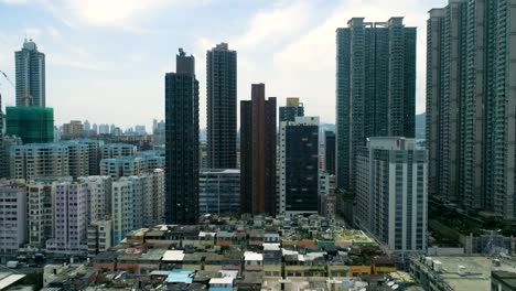 The-drone-flies-above-apartment-blocks,-very-dense-housing-development.