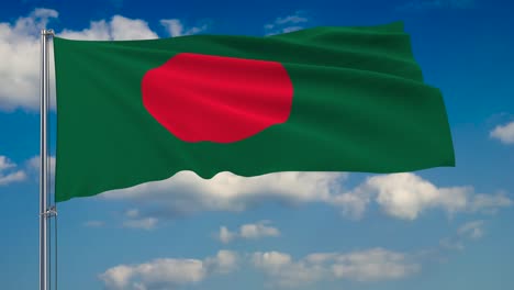 Bandera-de-Bangladesh-contra-el-fondo-de-nubes-flotando-en-el-cielo-azul