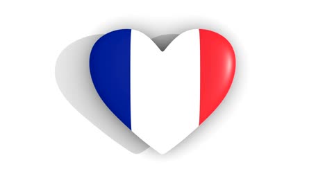 Pulsating-heart-in-the-colors-of-France-flag,-on-a-white-background,-3d-rendering-top,-loop