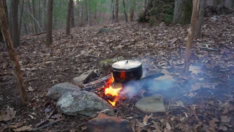 Man-builds-campfire-to-cook-pot-over-fire.-Essential-Bushcraft-/-Survival-skill.-Primitive-debris-hut-shelter-at-the-camp-site.-Camping-overnight-in-the-blue-ridge-mountains-of-North-Carolina