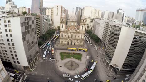 Aerial-view-of-Candelaria-church-in-downtown,-Rio-de-Janeiro,-Brazil