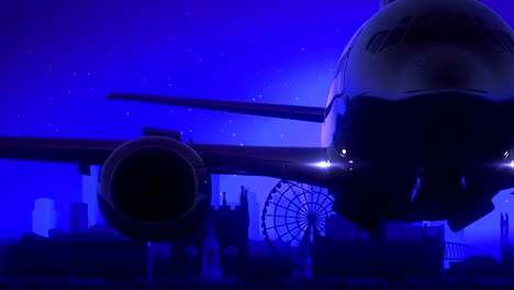 Manchester-England-United-Kingdom-Airplane-Take-Off-Moon-Night-Blue-Skyline-Travel