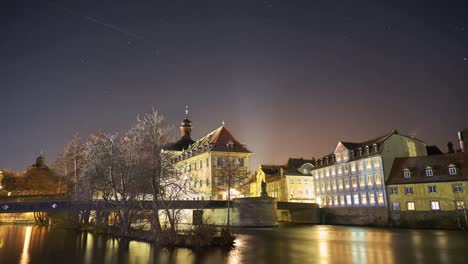 Star-time-lapse-over-Bamberg-Old-Town-Hall-at-night