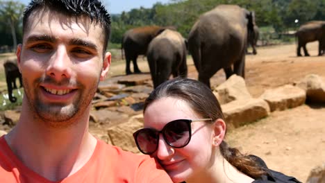 Junge-lächelnde-paar-tun-Selfie-Foto-mit-Elefanten-in-einer-Umgebung-des-Reservats-in-Sri-Lanka