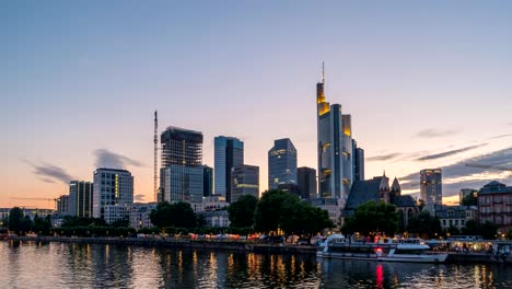 Frankfurt-city-skyline-day-to-night-sunset-timelapse,-Frankfurt,-Germany,-4K-Time-lapse