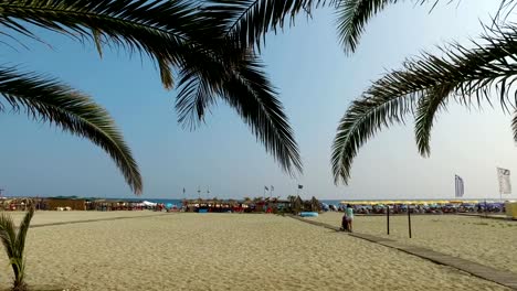 Nicht-erkennbare-Frau-schieben-Kinderwagen-am-Strand-Gehweg-unter-Palmen