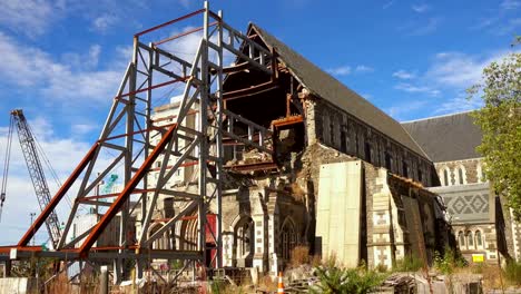 general-view-of-the-Cathedral-damaged-nave-with-the-steel-structure-preventing-the-rest-of-the-stone-body-from-a-new-collapse,-after-the-2011-earthquake.