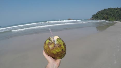 Männer-zu-Fuß-und-hält-eine-Kokosnuss-im-brasilianischen-Strand