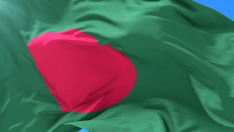 Bangladeshi-flag-waving-at-wind-in-slow-with-blue-sky,-loop