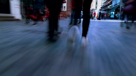 Busy-time-on-pedestrian-street-of-Copenhagen,-people-rushing-in-city,-time-lapse