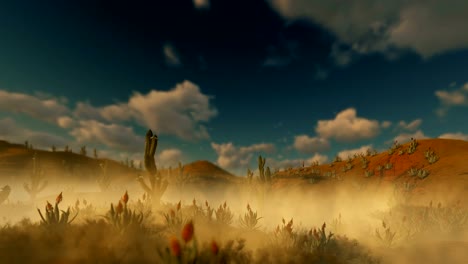 Mujer-que-corre-en-el-desierto-con-Cactus-Saguaro-y-el-polvo-que-sopla-en-el-viento,-4K