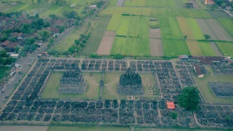 Plaosan-temple-aerial-view,-Buddhist-temples-located-in-Bugisan-village,-Yogyakarta,-Indonesia