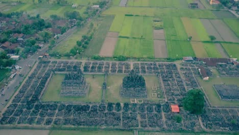 Plaosan-Tempel-Luftaufnahme,-buddhistische-Tempel-befindet-sich-in-Bugisan-Dorf,-Yogyakarta,-Indonesien