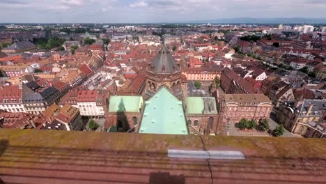 Panoramic-view-from-the-cathedral-of-the-French-city-of-Strasbourg.-The-camcorder-moves-smoothly-from-the-bottom-up-to-the-sky.-Timelapse.-France