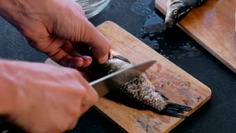 Hombre-limpia-la-carpa-de-las-escalas-en-tablero-de-madera.-Manos-cerca.-Cocinar-un-pescado