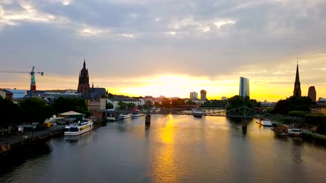 aerial-view-of--Frankfurt-city-with-river-and-skyscrapers-during-sunrise