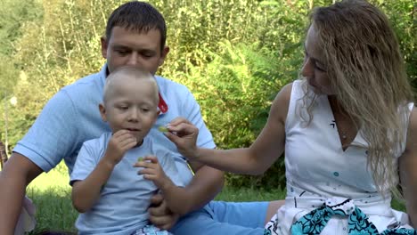 Mamá-feliz-se-sienta-y-uvas-a-su-pequeño-hijo-y-su-papá-en-la-hierba-en-el-parque.-Una-mujer-se-ríe-y-besa-a-un-hombre.-Picnic-familiar-en-la-naturaleza.