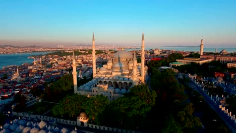 Mystique-Suleymaniye-Mosque-from-the-sky,-aerial-view-of-Istanbul-city,-Golden-Horn,-Turkey.