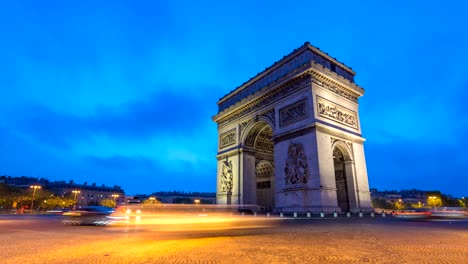 Paris-Frankreich-Zeitraffer-4K,-Stadt-Skyline-von-Nacht-zu-Tag-Zeitraffer-am-Arc-de-Triomphe-und-den-Champs-Elysees