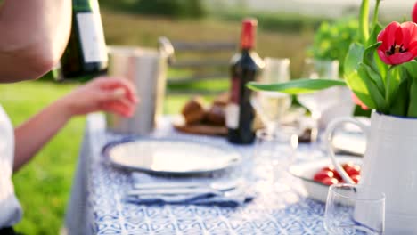 Woman-Putting-Wine-Bottle-In-Ice-Bucket-At-Outdoor-Table