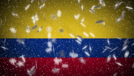 Colombia-flag-falling-snow-loopable,-New-Year-and-Christmas-background,-loop