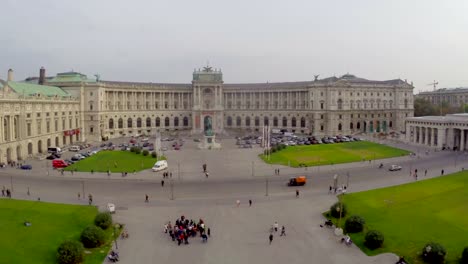 Hero's-square-in-Vienna,-headquarters-of-OSCE,-president-house.-Beautiful-aerial-shot-above-Europe,-culture-and-landscapes,-camera-pan-dolly-in-the-air.-Drone-flying-above-European-land.-Traveling-sightseeing,-tourist-views-of-Austria.