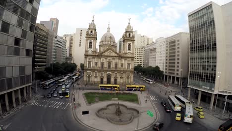 Aerial-view-of-Candelaria-church-in-downtown,-Rio-de-Janeiro,-Brazil