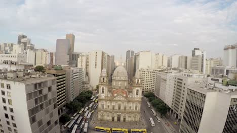 Aerial-view-of-Candelaria-church-in-downtown,-Rio-de-Janeiro,-Brazil