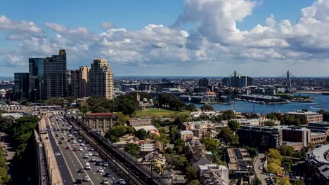 Aerial-timelapse-of-Sydney-CBD,-Observatory-Hill,-and-Anzac-Bridge