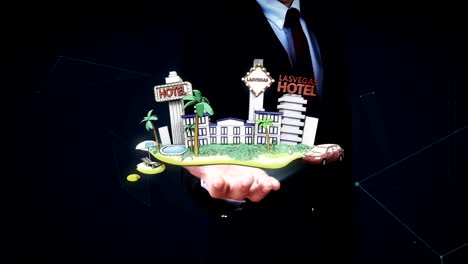 Businessman-open-palm,-Holiday-of-Lasvagas-hotel-icon,-casino,-tour.