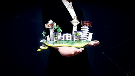 Businesswoman-open-palm,-Holiday-of-Lasvagas-hotel-icon,-casino,-tour.