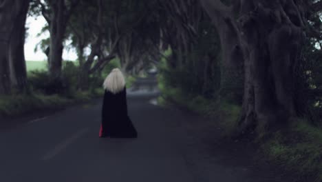 4k-Fantasy-Shot-in-Dark-Hedges,-Queen-Walking-Away-(focus-changing)