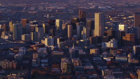 Aerial-view-of-Denver,-Colorado-at-sunset