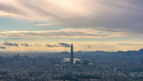 Seoul-City-and-Lotte-Tower,-South-Korea.-Time-lapse-4k