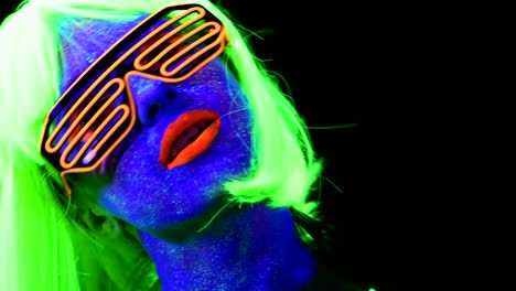 Woman-with-UV-face-paint,-wig,-UV-glasses,-glowing-clothing-portrait,-face-close-up-of-make-up.-Caucasian-woman.-.