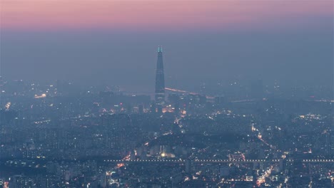 Seoul,-Korea,-Timelapse----The-Lotte-Tower-from-Day-to-Night-as-seen-from-Namhansanseong-Fortress