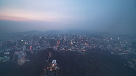 Seoul,-Korea,-Timelapse----Wide-angle-view-of-Seoul-from-Day-to-Night-as-seen-from-the-N-Seoul-Tower