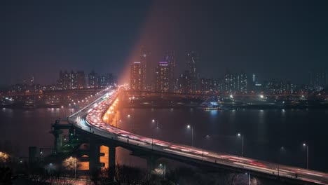 Seoul,-Korea,-Timelapse----Wide-angle-view-of-the-Cheongdam-Bridge-at-Night-in-Seoul