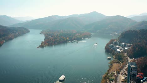 Autumn-aerial-view-of-Nami-Island,-South-Korea