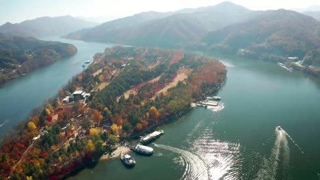 Autumn-aerial-view-of-Nami-Island,-South-Korea