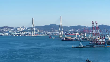 Timelapse-Gwangan-Brücke-und-Haeundae-bei-Sonnenuntergang,-Busan-City-Süd-Korea.Timelapse-4k