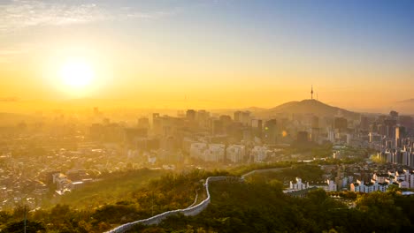 Time-Lapse-Sonnenaufgang-von-Seoul-City-Skyline,-Südkorea