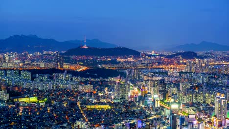 Ciudad-de-Seúl-de-día-a-noche,-lapso-de-tiempo-de-la-ciudad-de-Seúl-Skyline,-Corea-del-sur