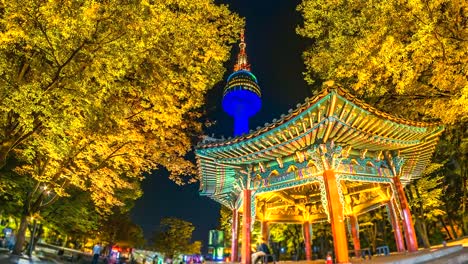 4K,-Time-lapse-view-of-Seoul-Tower-in-autumn-at-Night-landmark-of-Seoul-city-South-Korea